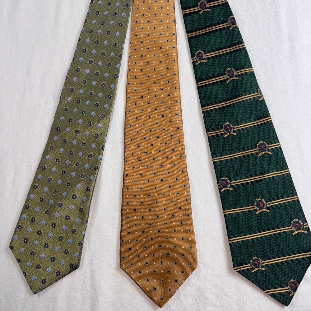 Tommy Hilfiger Silk Tie Lot Mens Green Gold Geometric Striped Crest 3pc Vintage